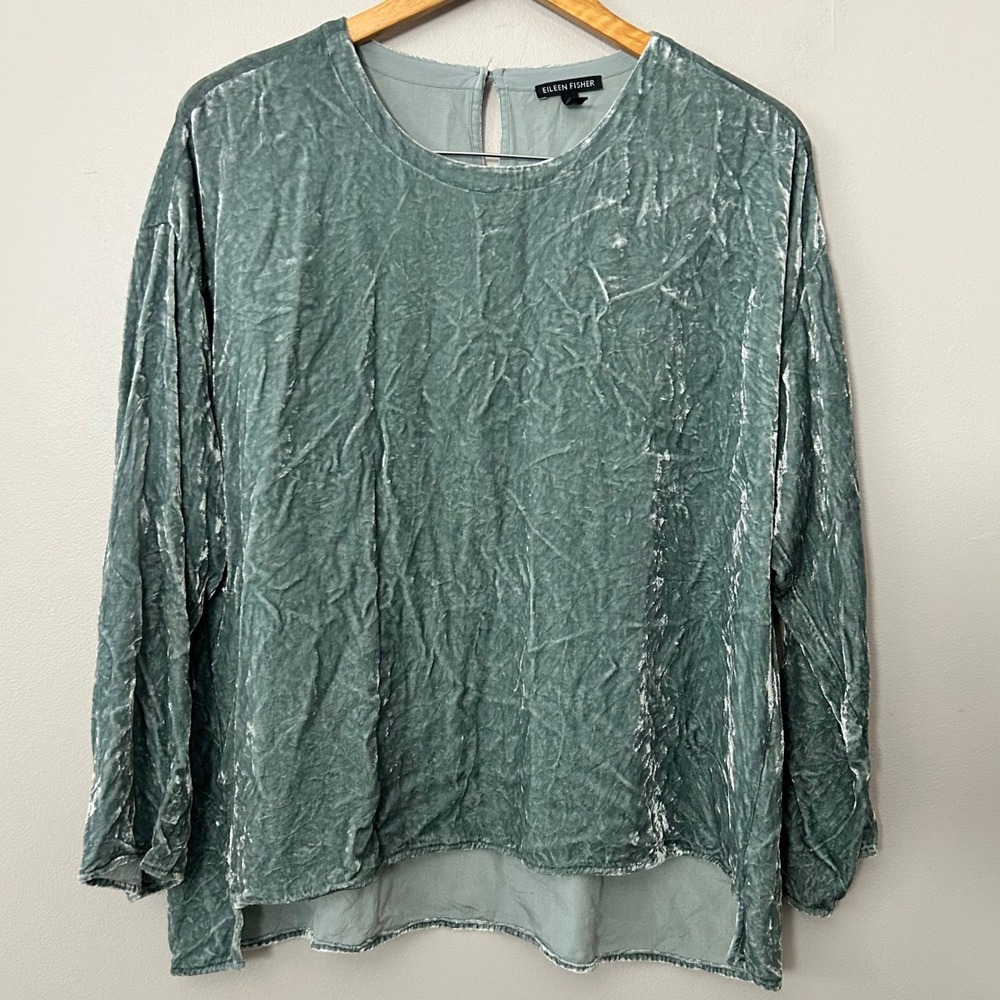 Eileen Fisher Velvet Top Womens Large Green Crushed Silk Blend High Low Tunic